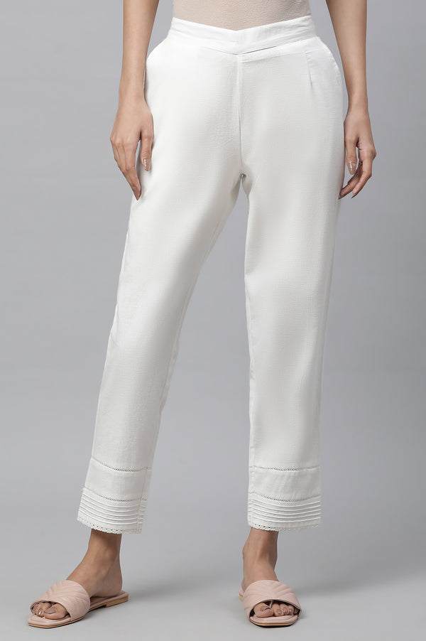White Cotton Flax Pin-Tuck Straight Trouser Pants