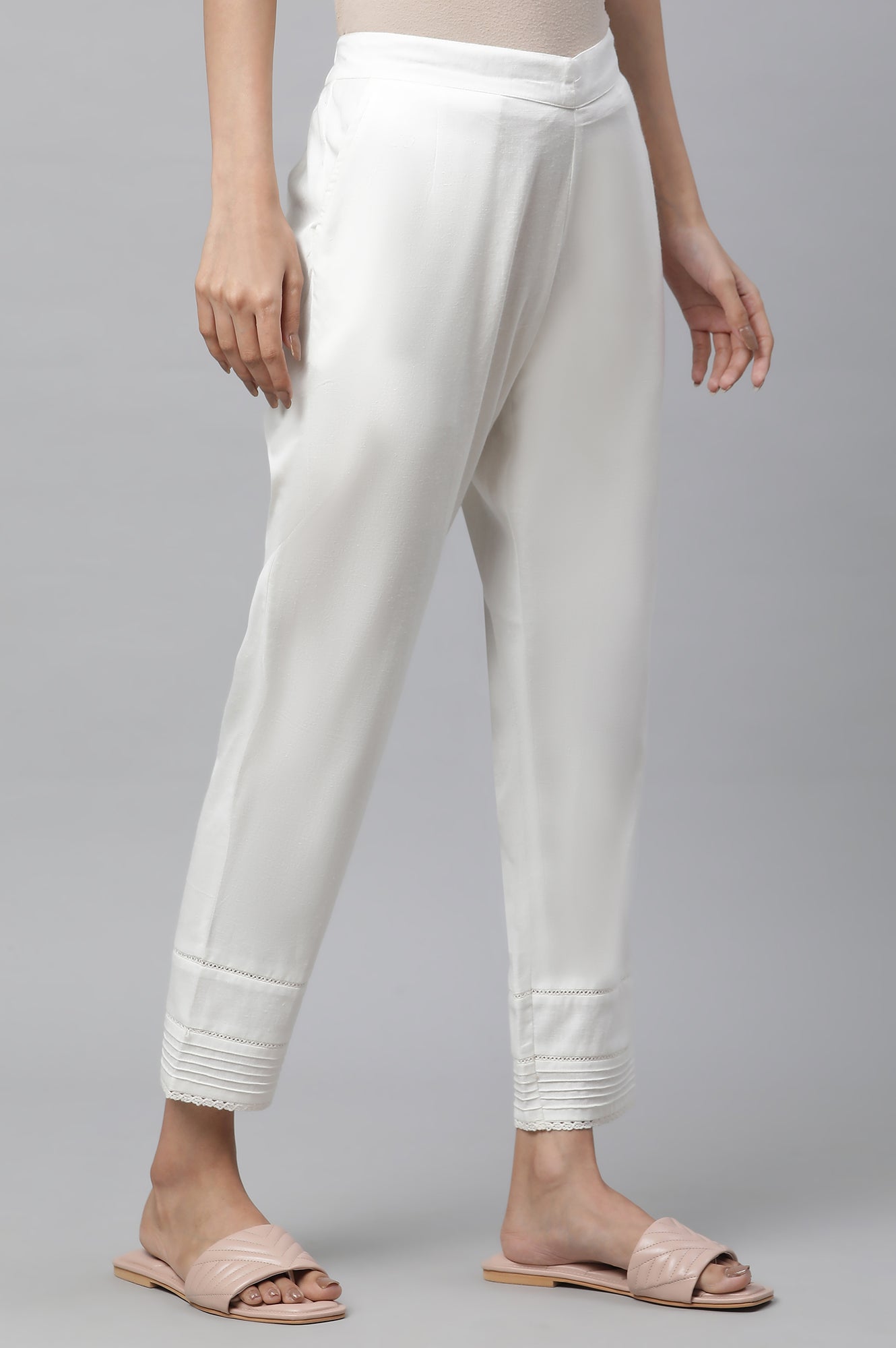 White Cotton Flax Pin-tuck Trouser Pants