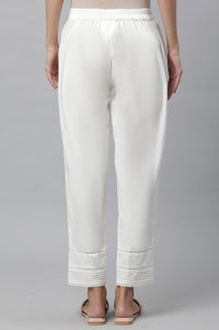 White Solid Lace Trim Straight-Leg Cotton Trouser