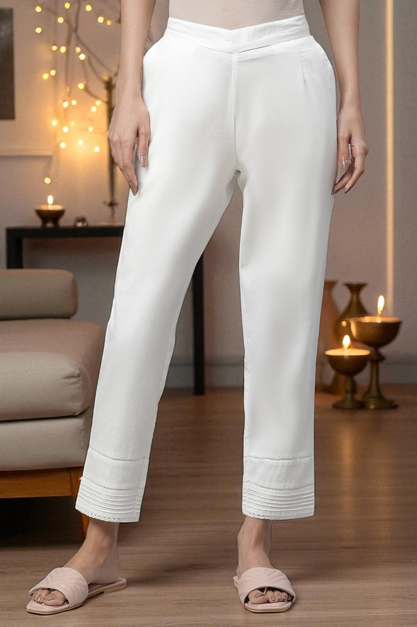 White Cotton Flax Pin-tuck Trouser Pants