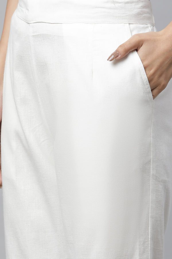 White Cotton Flax Pin-Tuck Straight Trouser Pants