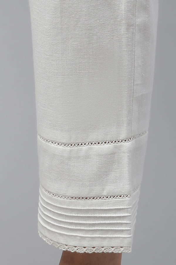 White Solid Lace Trim Straight-Leg Cotton Trouser