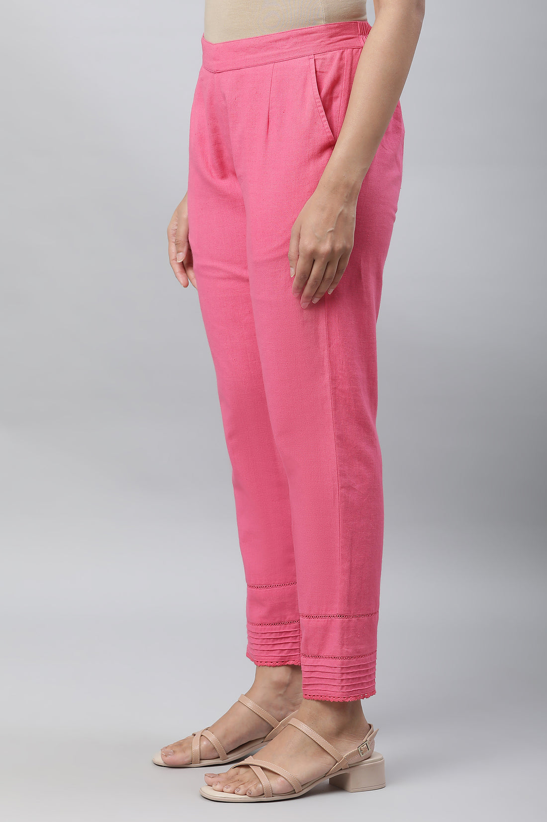 Pink Cotton Flax Straight Trousers