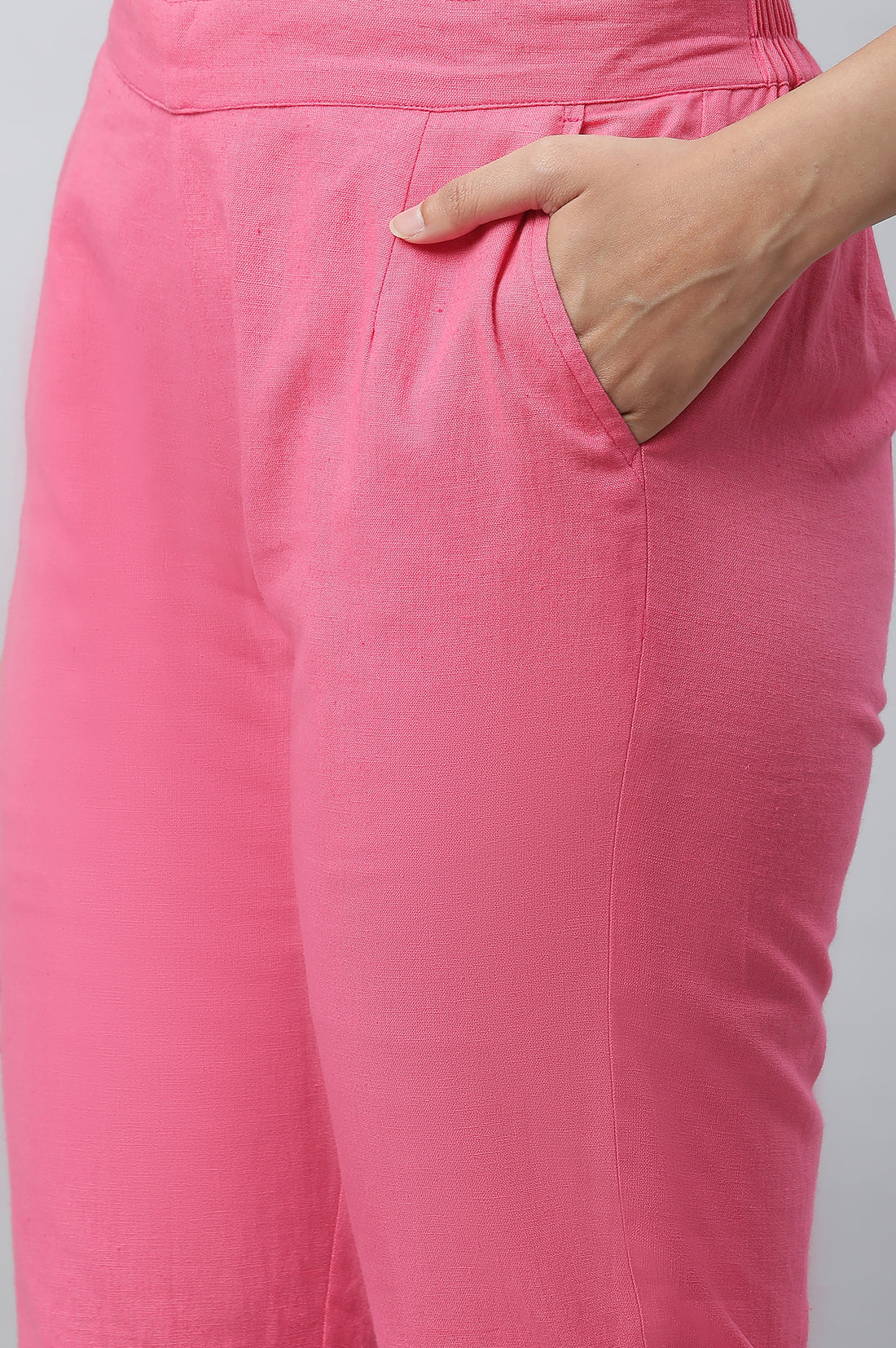 Pink Cotton Flax Straight Trousers