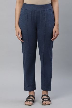 Blue Cotton Lycra Pintuck Trousers