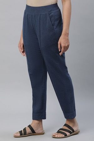 Blue Cotton Lycra Pintuck Trousers