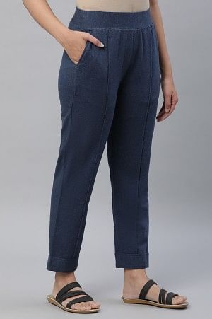 Blue Cotton Lycra Pintuck Trousers