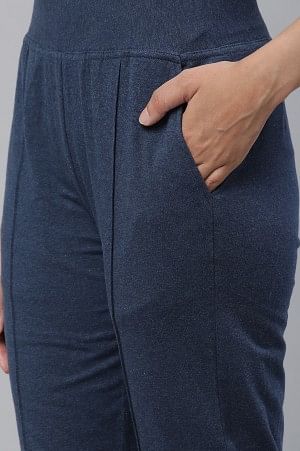 Blue Cotton Lycra Pintuck Trousers