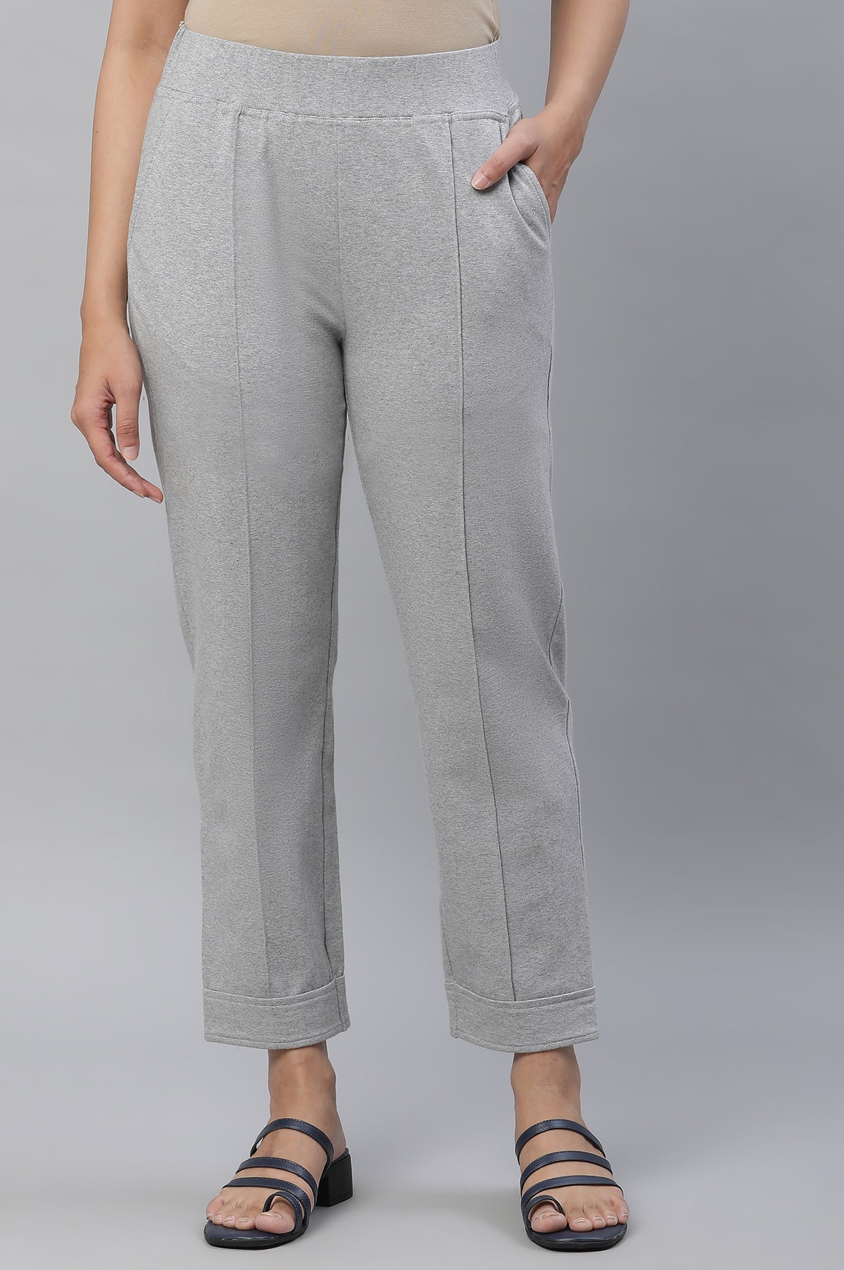 Grey Cotton Lycra Pintuck Trousers - S