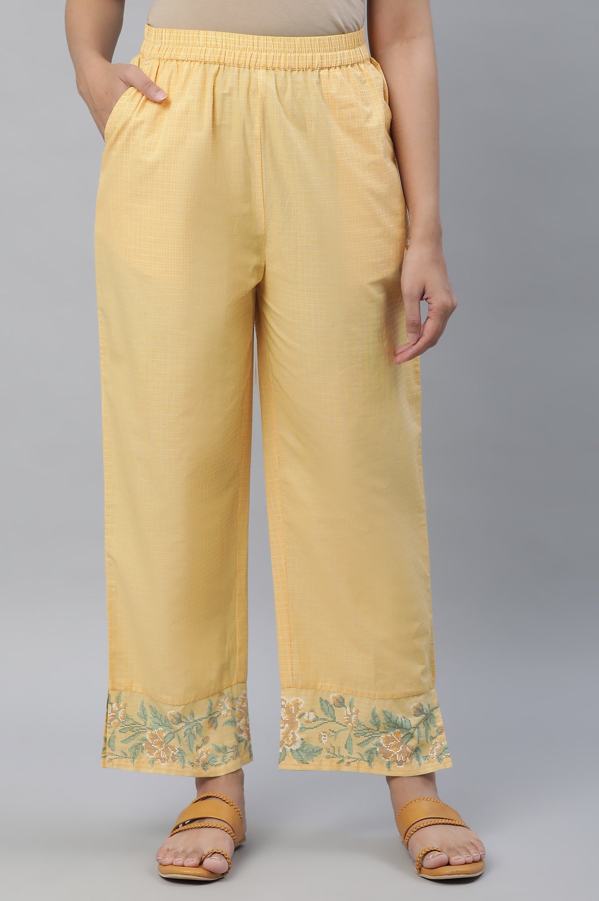 Yellow Floral Printed Narrow Palazzo - S