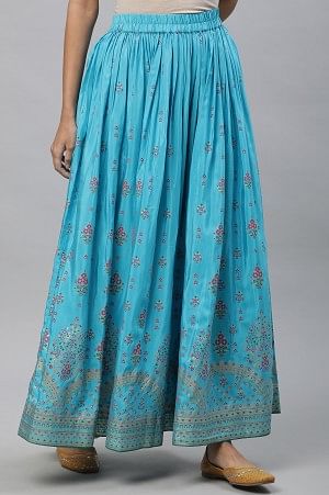 Blue Floral Printed Gathered Festive Skirt