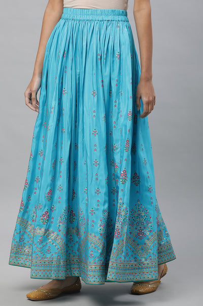 Blue Floral Printed Gathered Festive Skirt