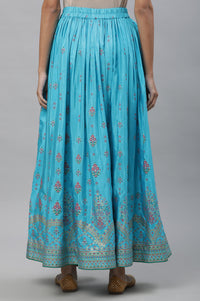 Blue Floral Printed Gathered Festive Skirt