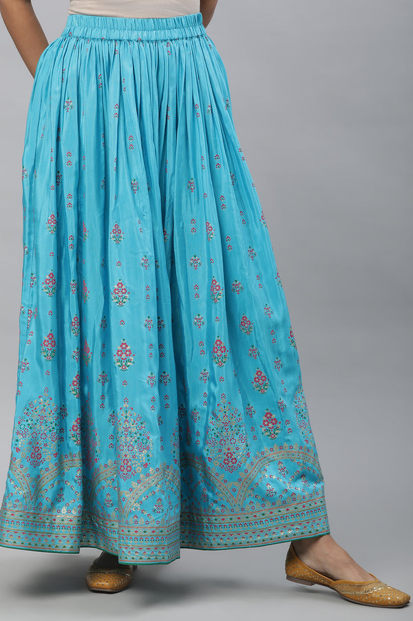 Blue Floral Printed Gathered Festive Skirt