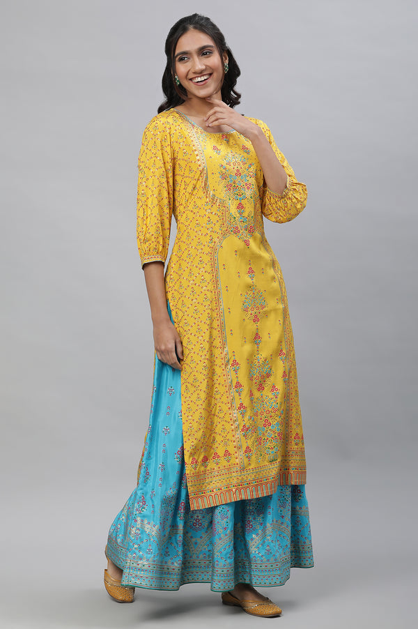 Blue Floral Printed Gathered Festive Skirt