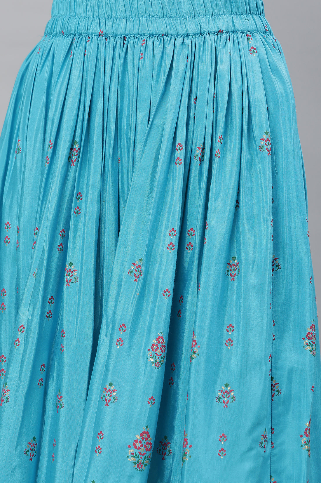 Blue Floral Printed Gathered Festive Skirt