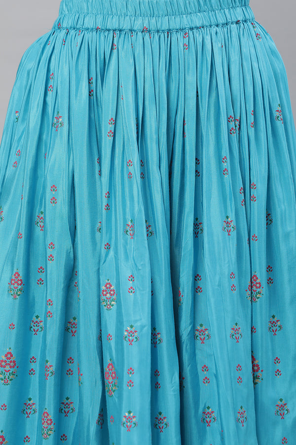 Blue Floral Printed Gathered Festive Skirt