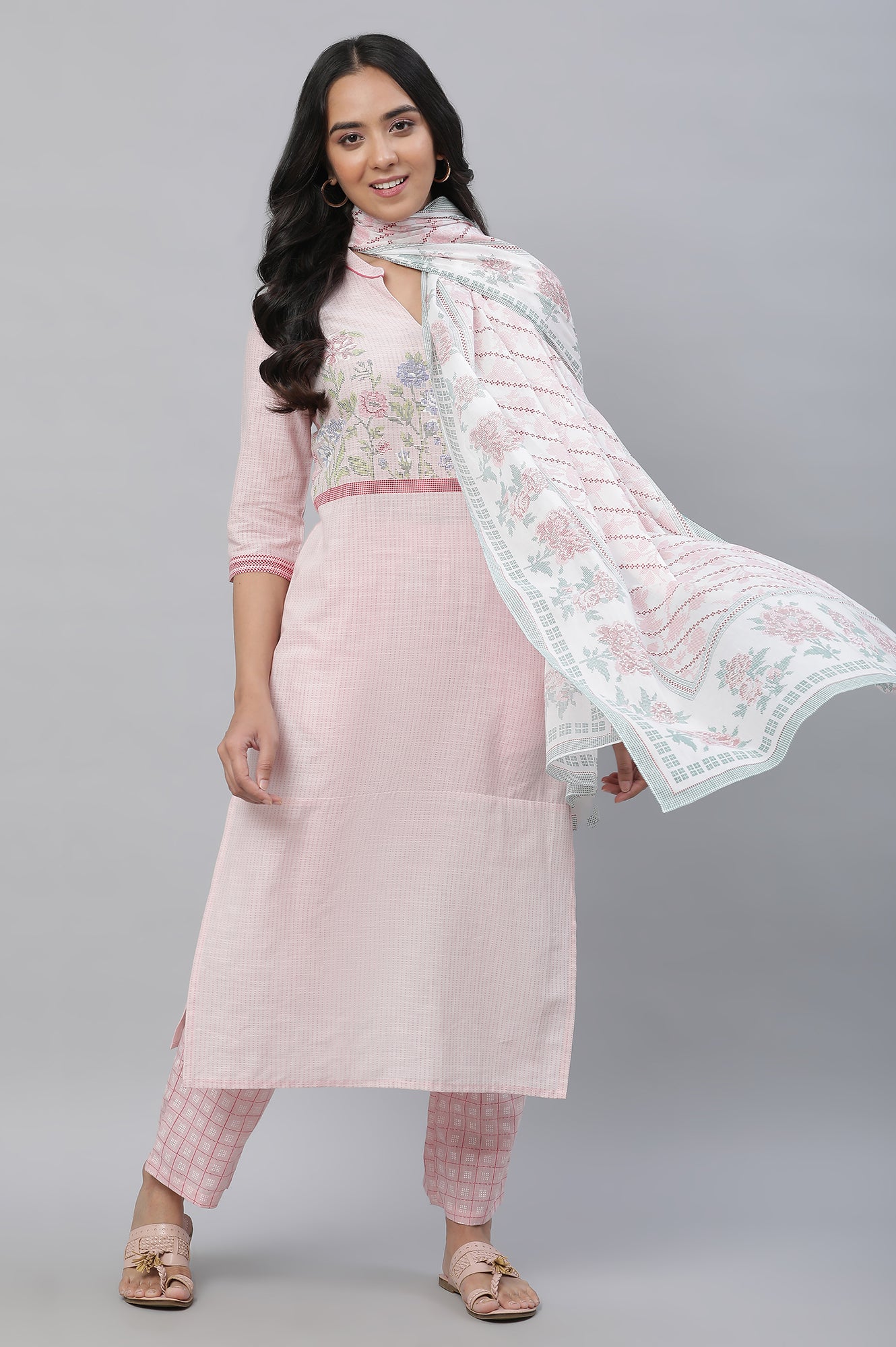 Pink Floral Printed Voile Dupatta