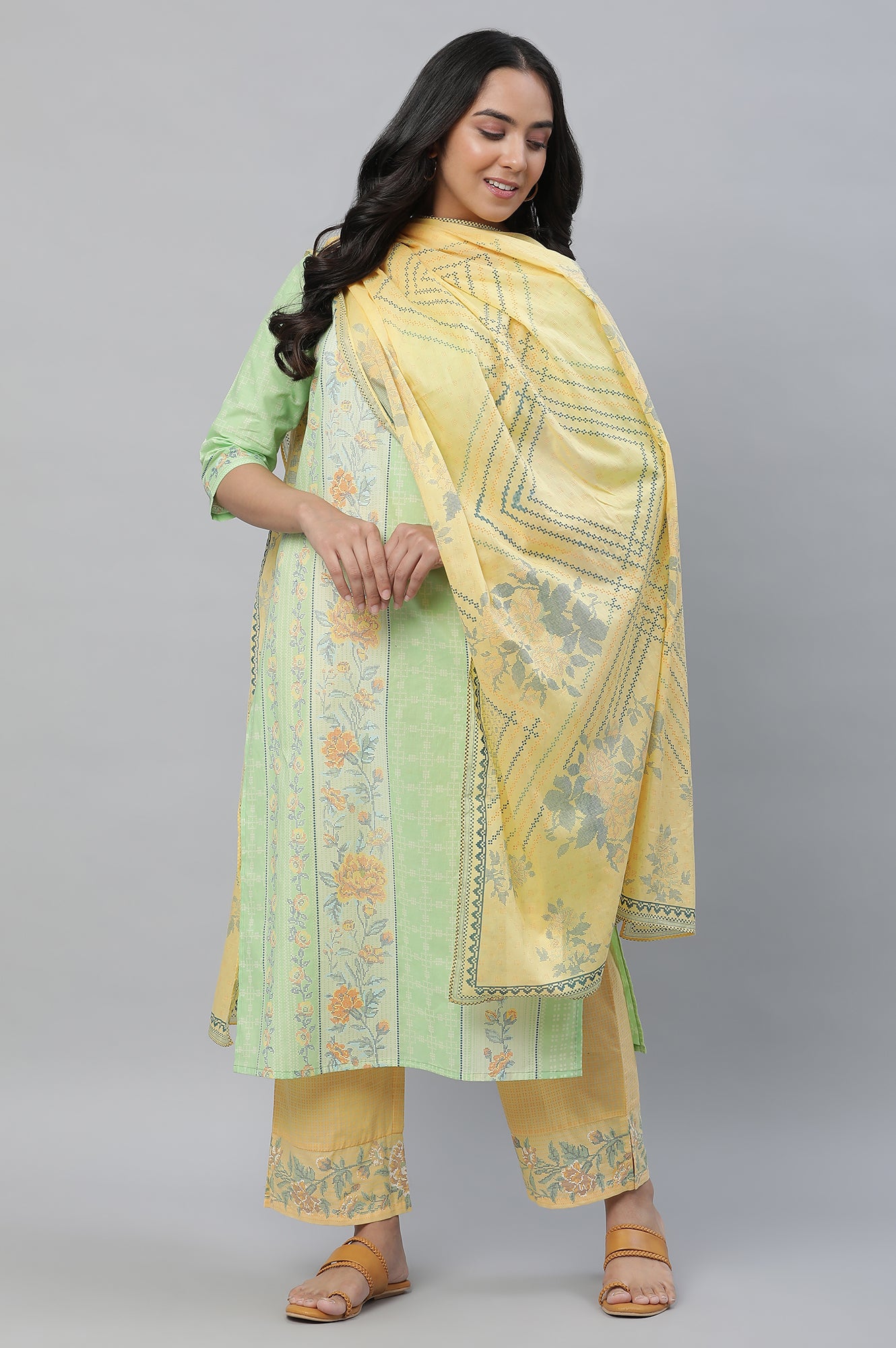 Yellow Floral Printed Voile Dupatta