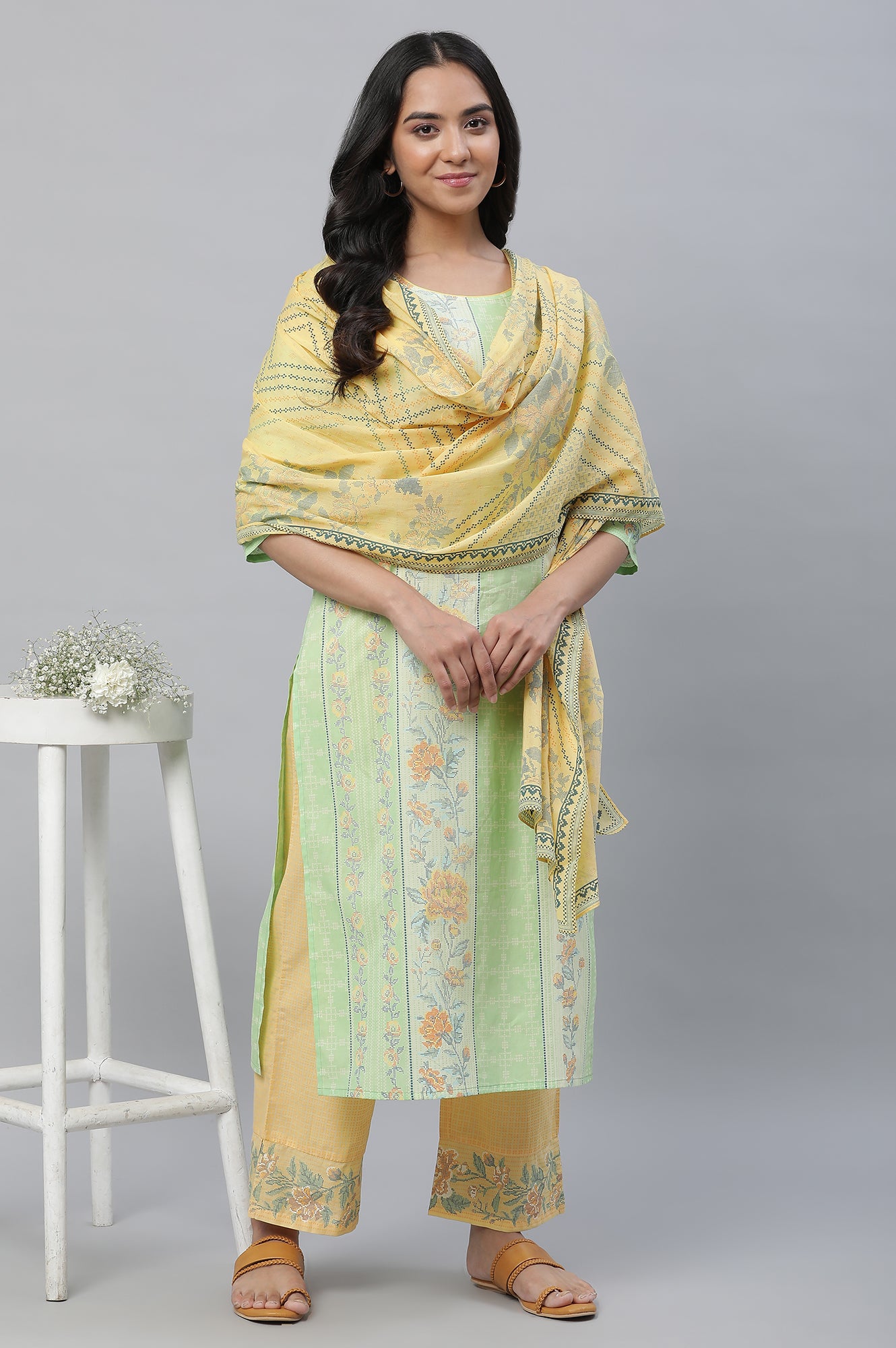 Yellow Floral Printed Voile Dupatta