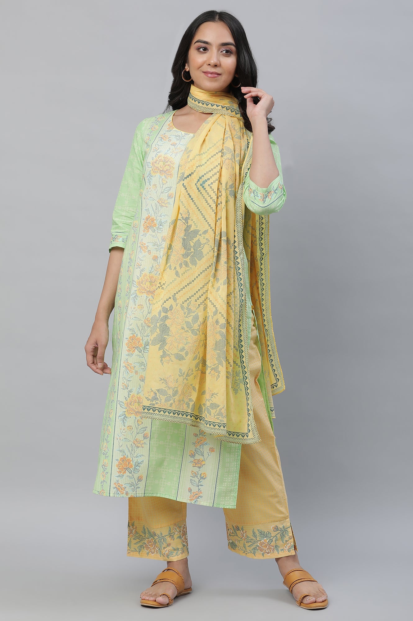 Yellow Floral Printed Voile Dupatta