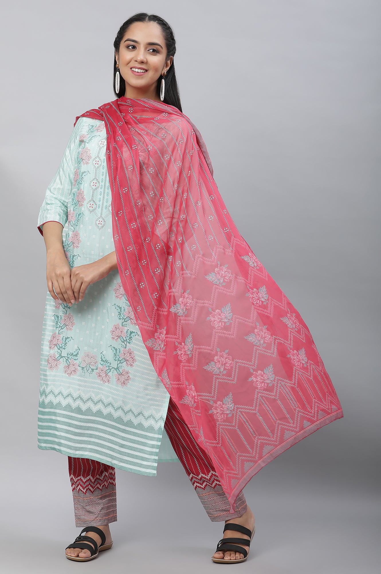 Pink Floral Printed Voile Dupatta