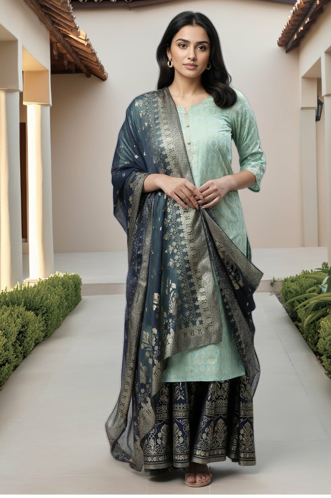 Blue Printed Organza Dupatta