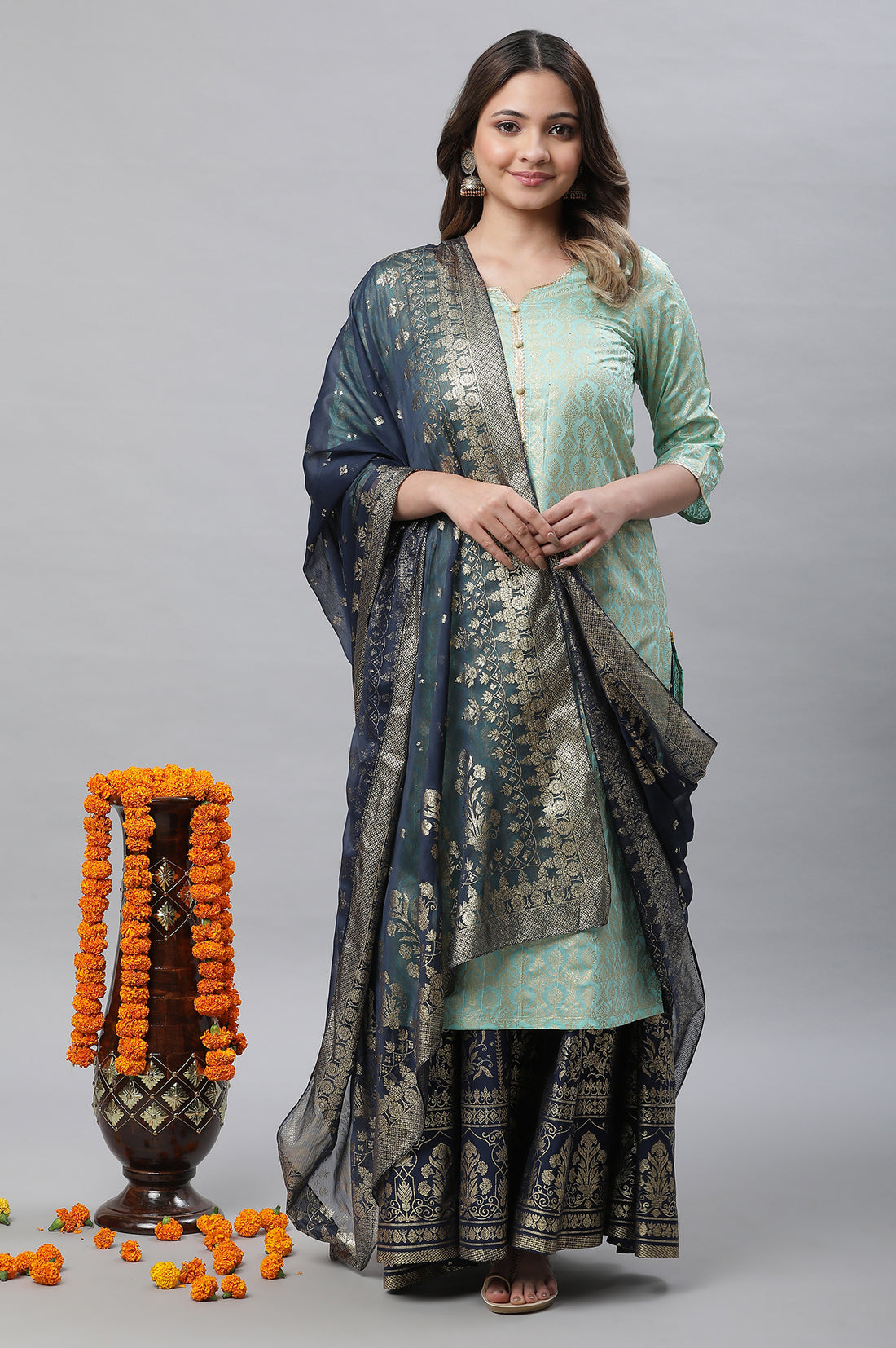 Blue Floral Gold Printed Rectangular Woven Dupatta