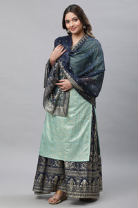 Blue Floral Gold Printed Rectangular Woven Dupatta