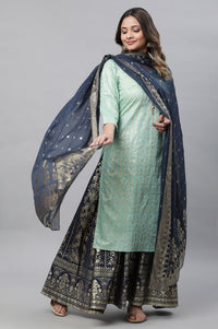 Blue Floral Gold Printed Rectangular Woven Dupatta