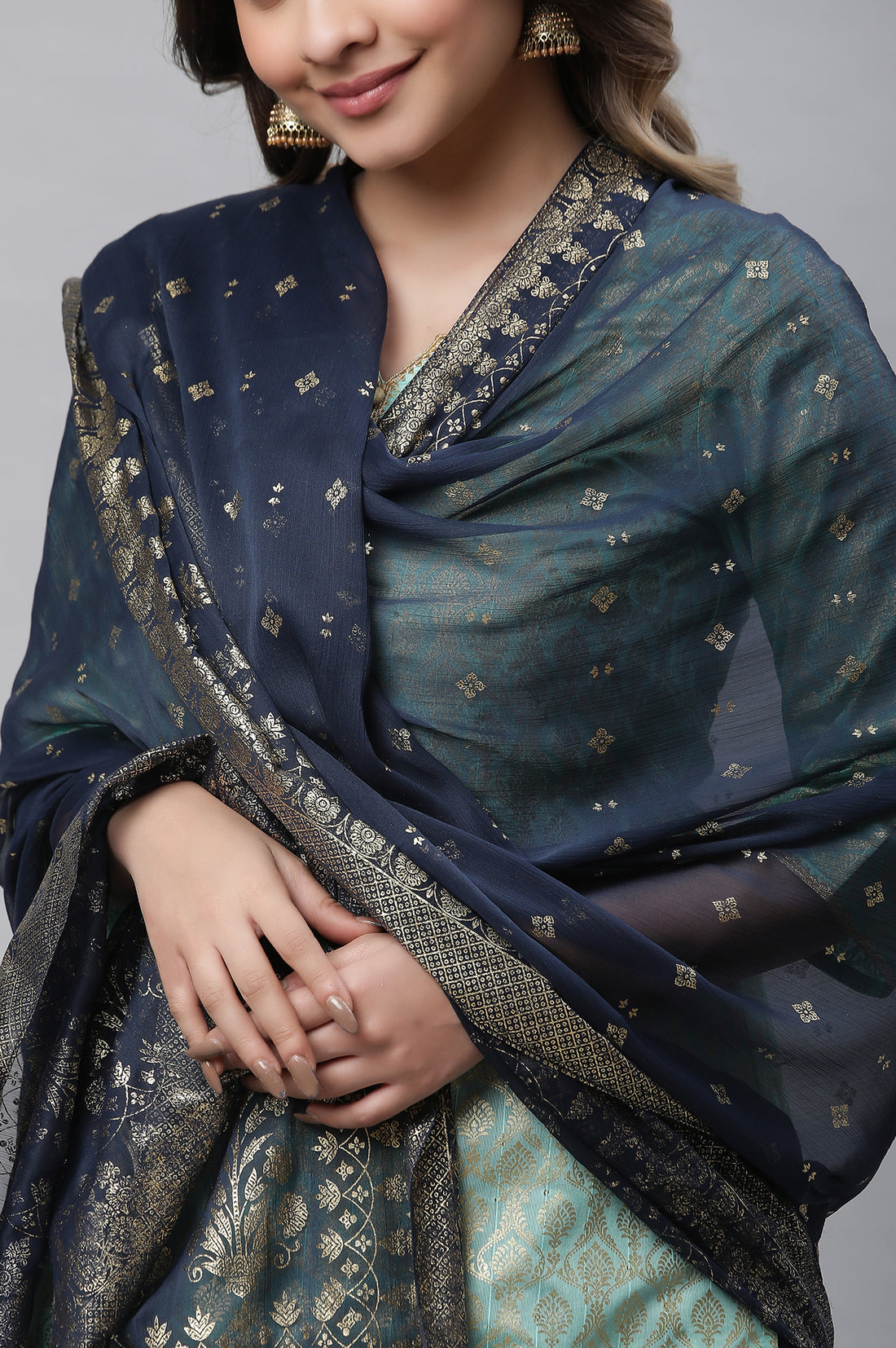 Blue Floral Gold Printed Rectangular Woven Dupatta
