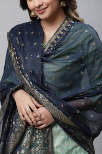 Blue Floral Gold Printed Rectangular Woven Dupatta