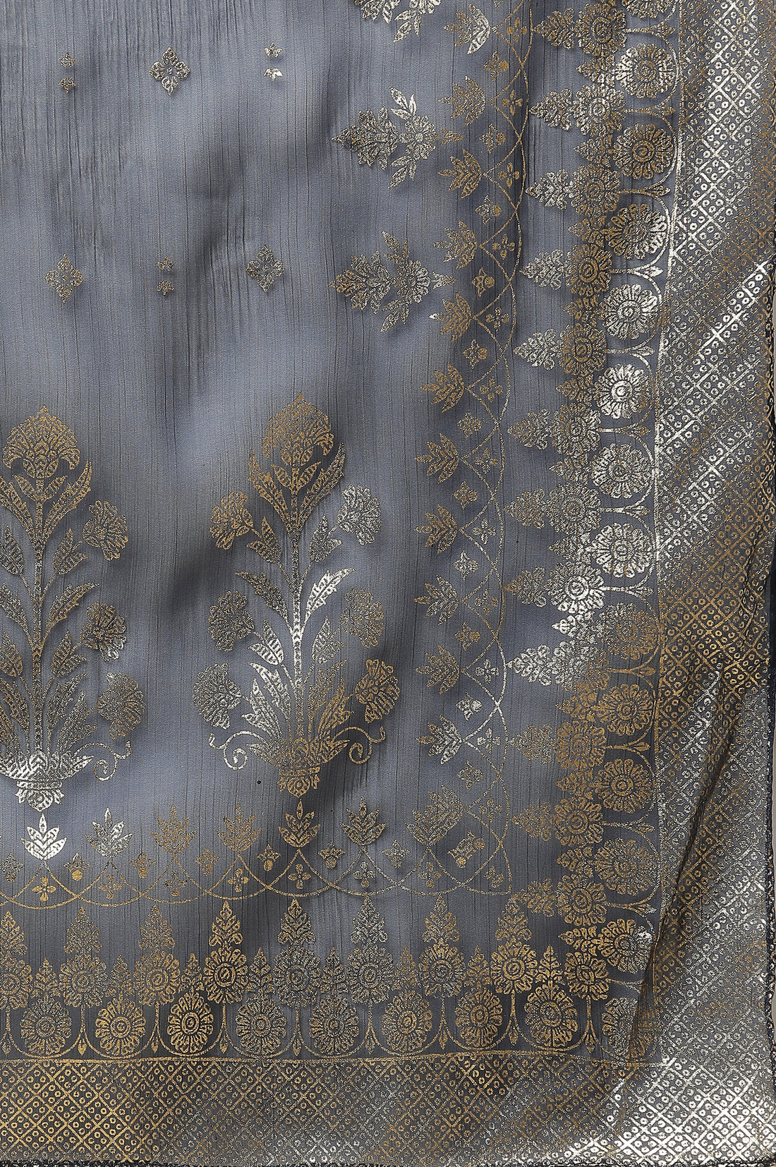 Blue Floral Gold Printed Rectangular Woven Dupatta