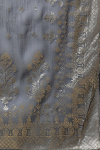 Blue Floral Gold Printed Rectangular Woven Dupatta