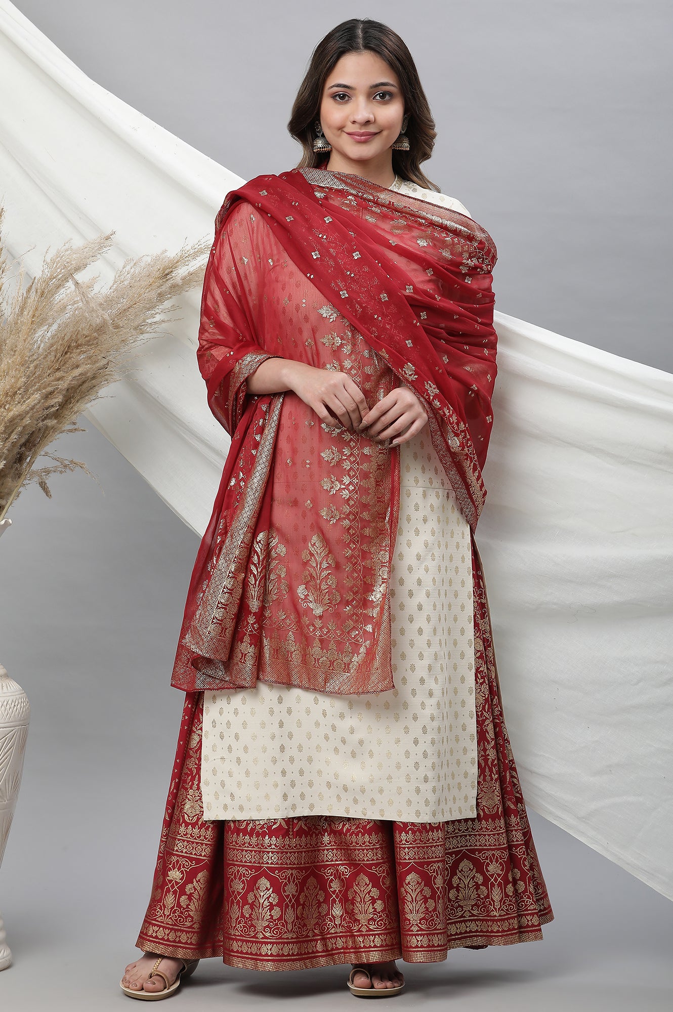 Maroon Printed Organza Dupatta