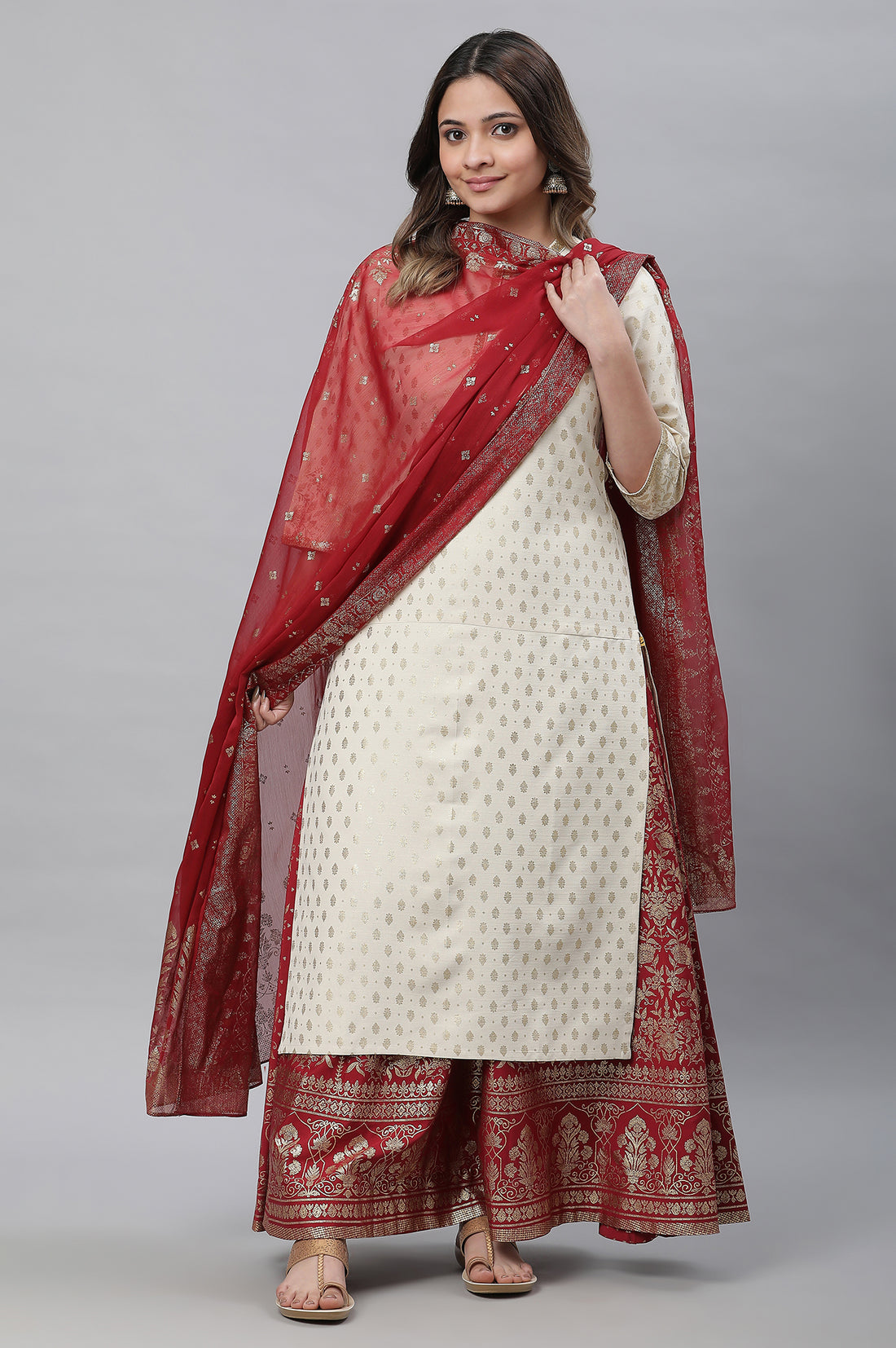 Maroon Foil Printed Organza Dupatta