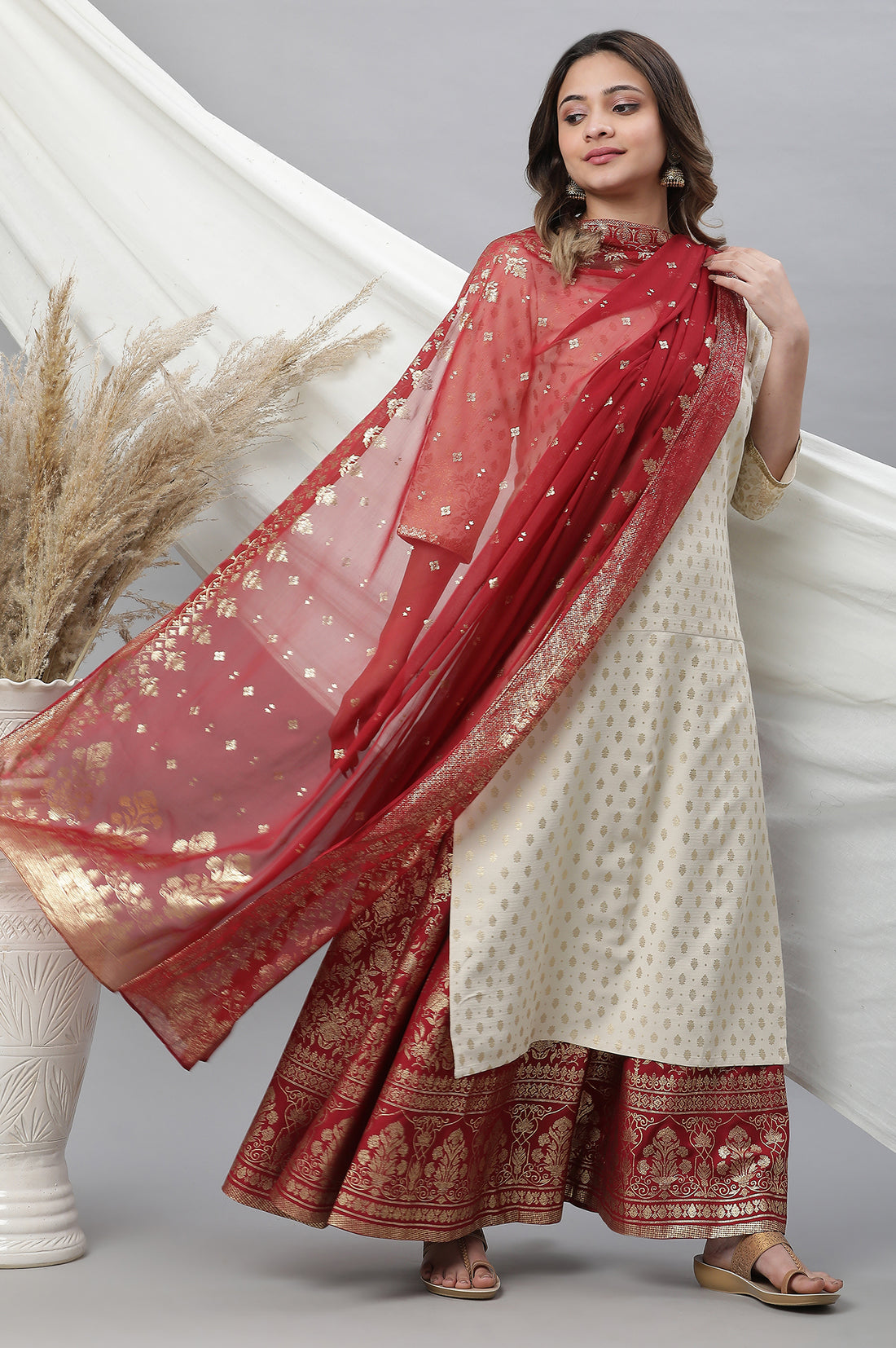 Maroon Foil Printed Organza Dupatta