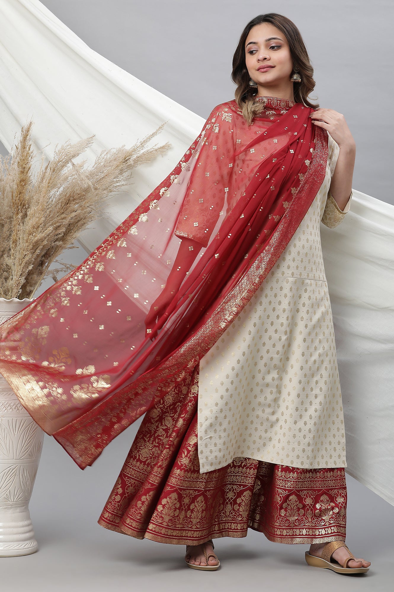 Maroon Printed Organza Dupatta