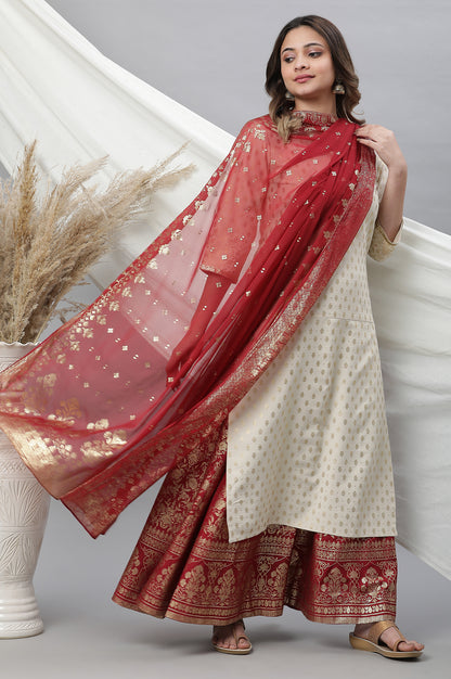 Maroon Printed Organza Dupatta