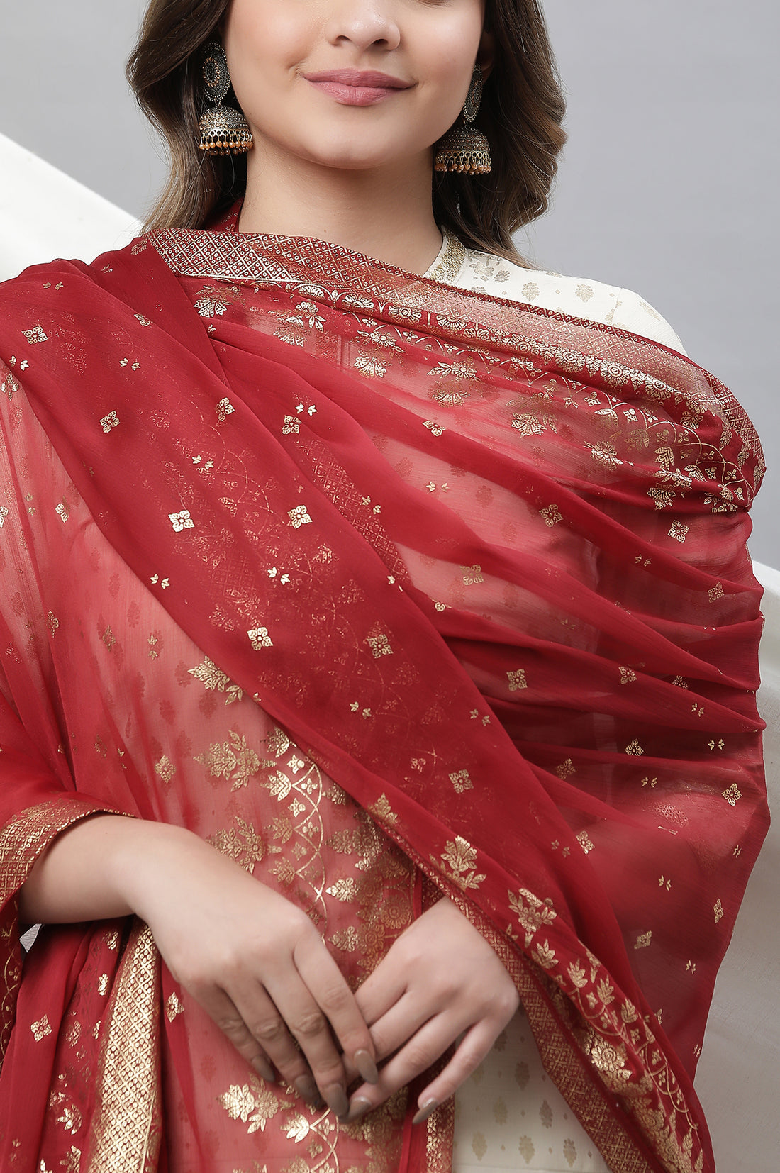 Maroon Foil Printed Organza Dupatta