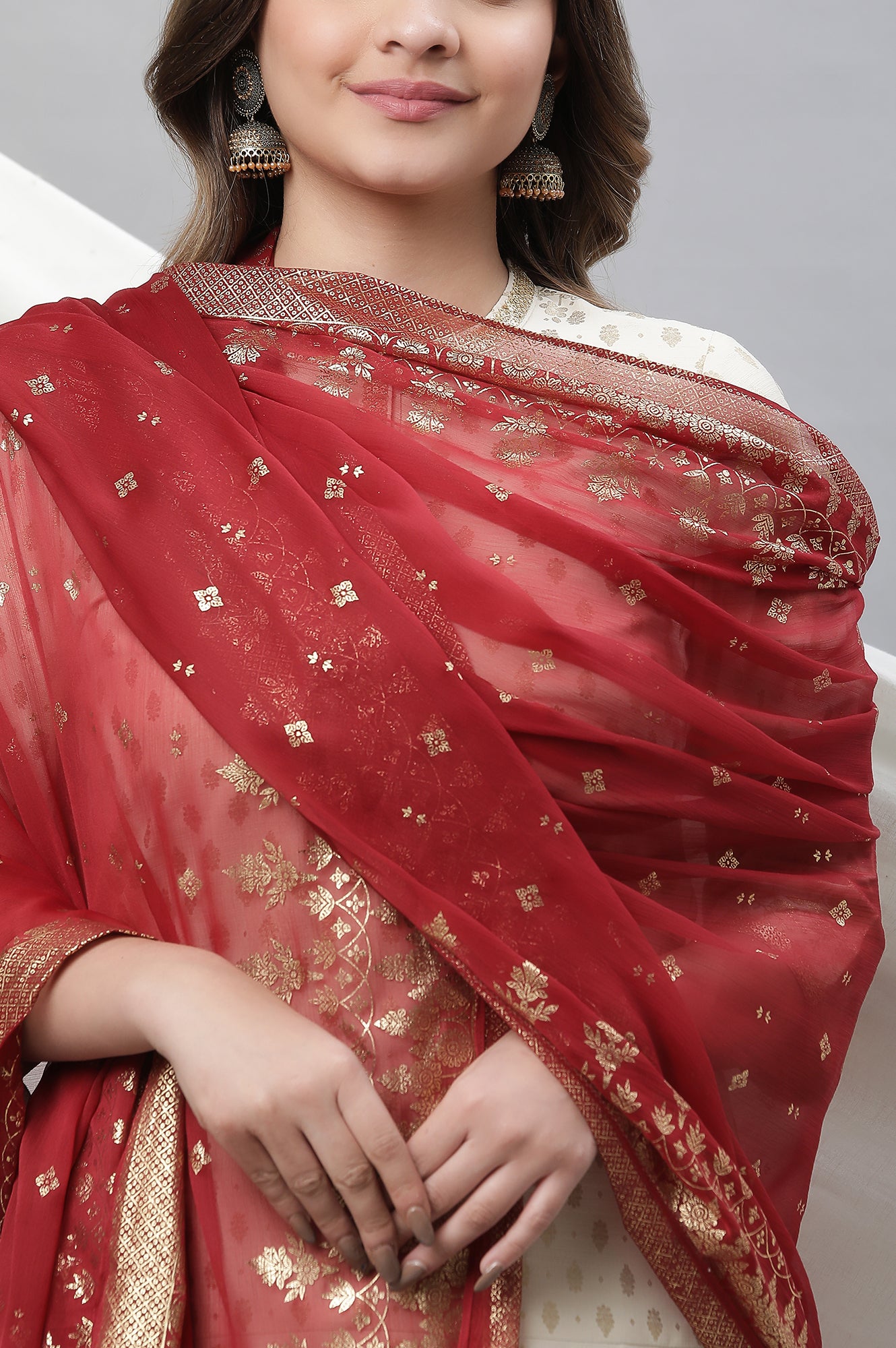 Maroon Printed Organza Dupatta