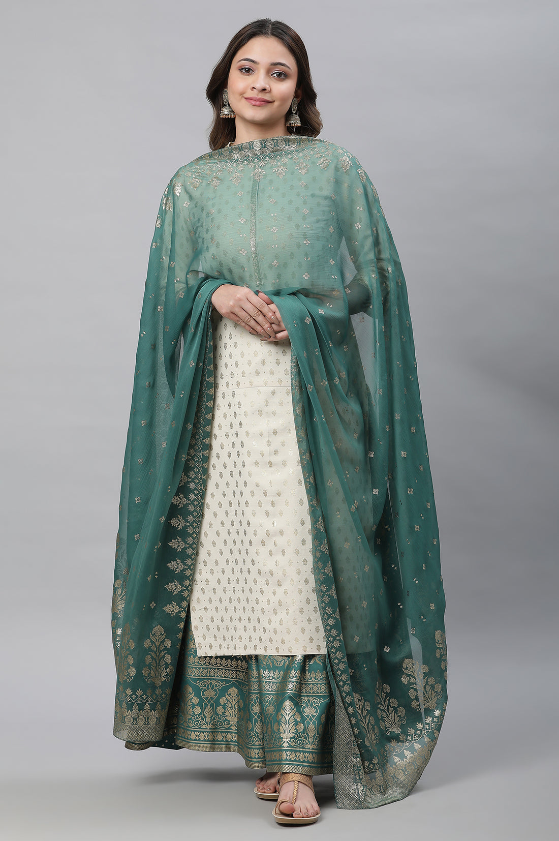 Green Floral Gold Printed Rectangular Woven Dupatta