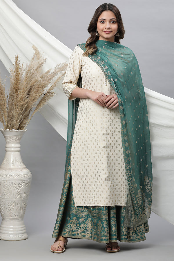 Green Floral Gold Printed Rectangular Woven Dupatta