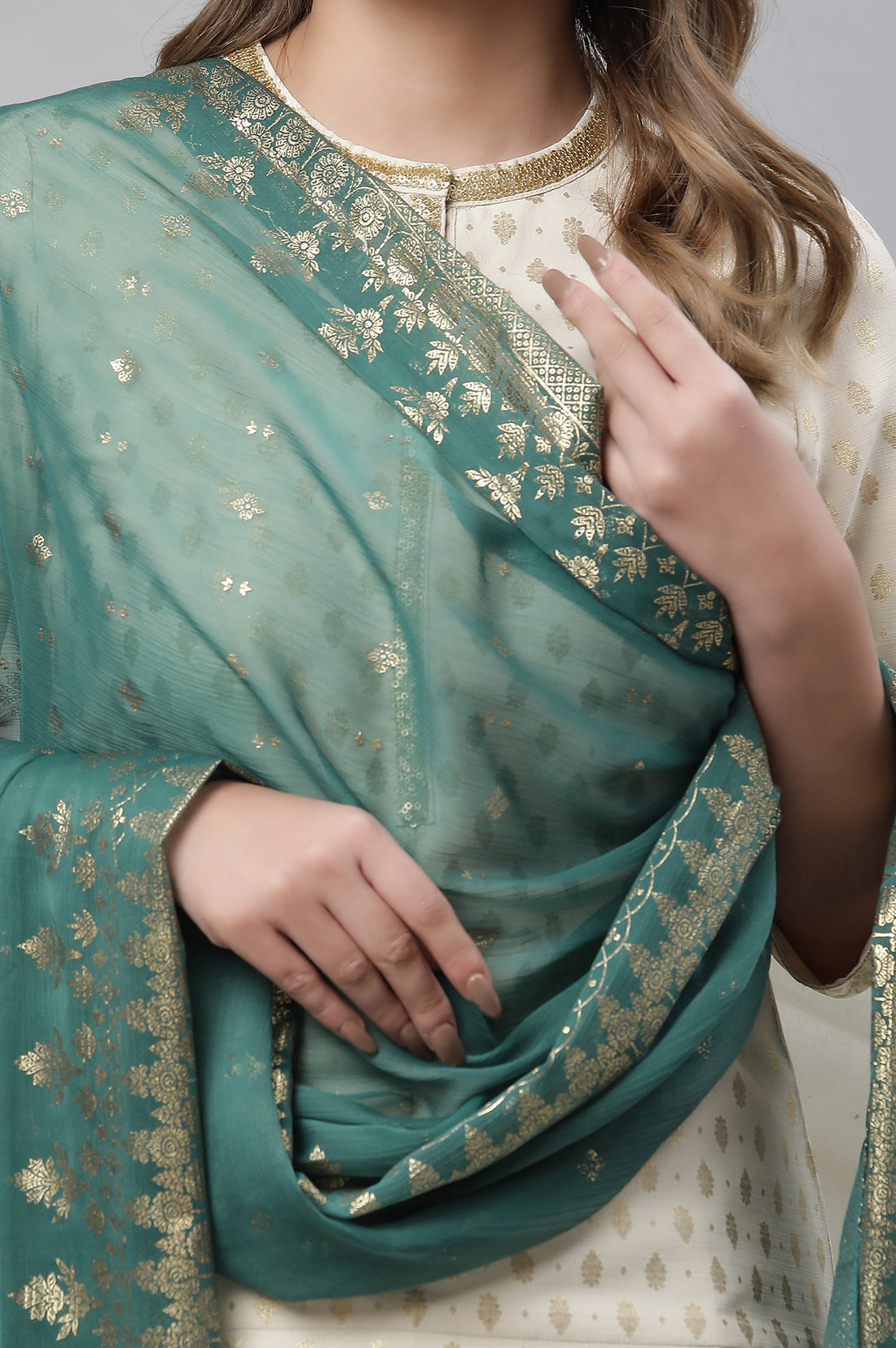 Green Floral Gold Printed Rectangular Woven Dupatta