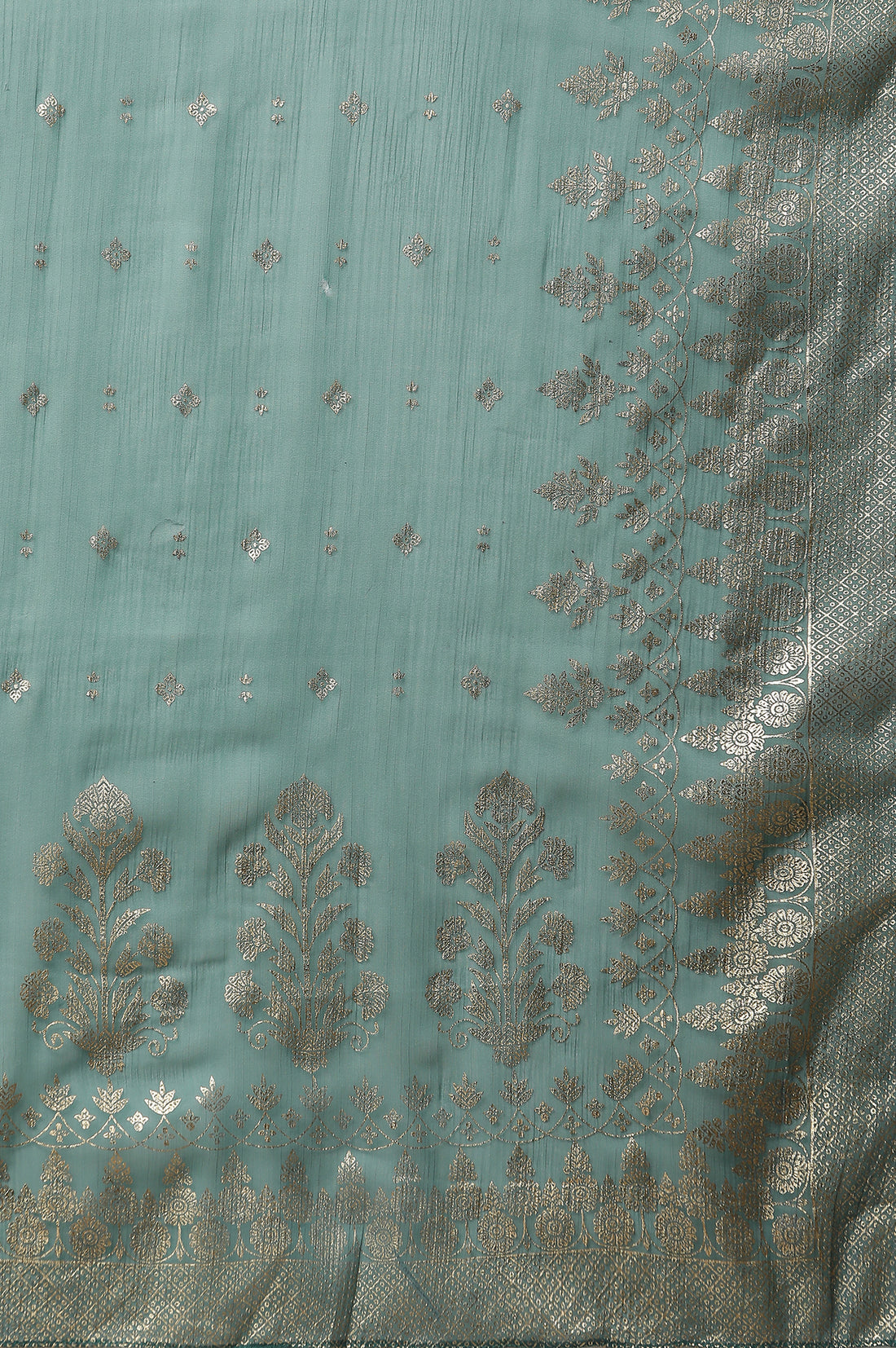 Green Floral Gold Printed Rectangular Woven Dupatta