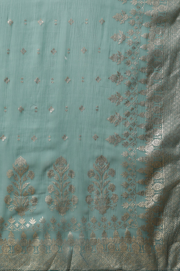 Green Floral Gold Printed Rectangular Woven Dupatta