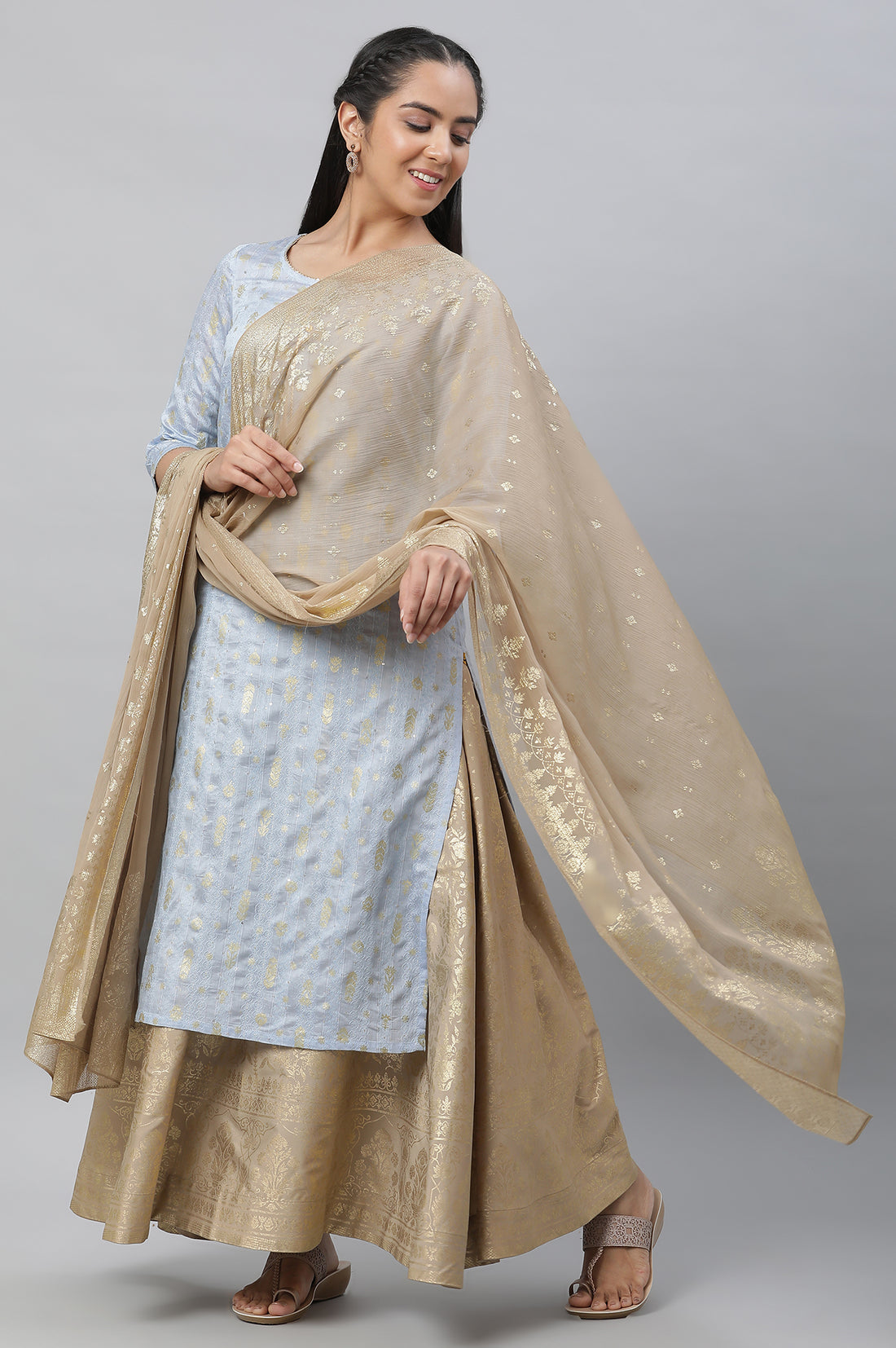 Gold Floral Printed Rectangular Woven Dupatta