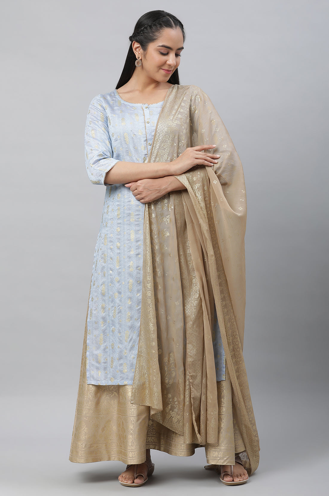 Gold Floral Printed Rectangular Woven Dupatta