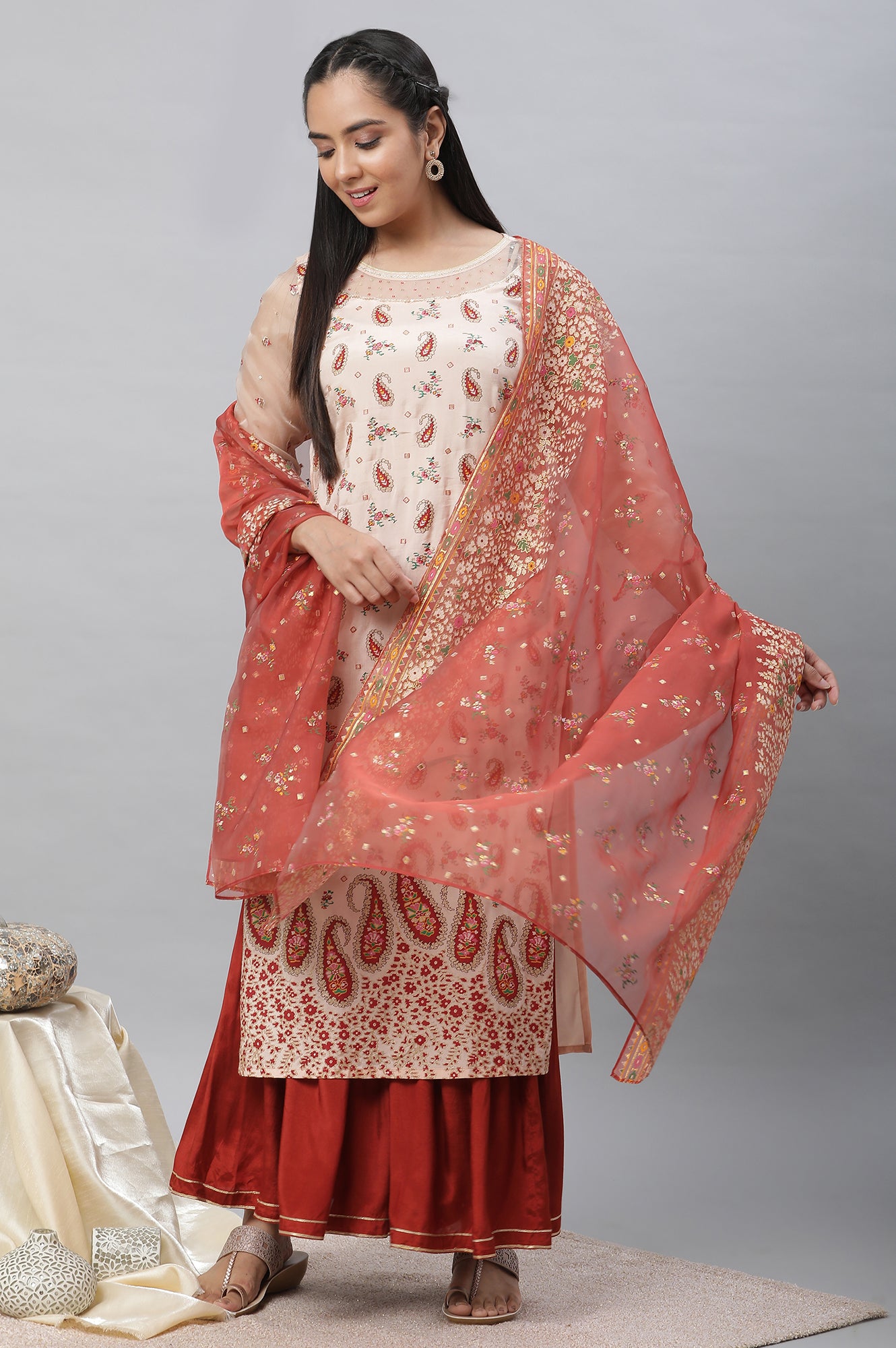 Orange Printed Organza Dupatta