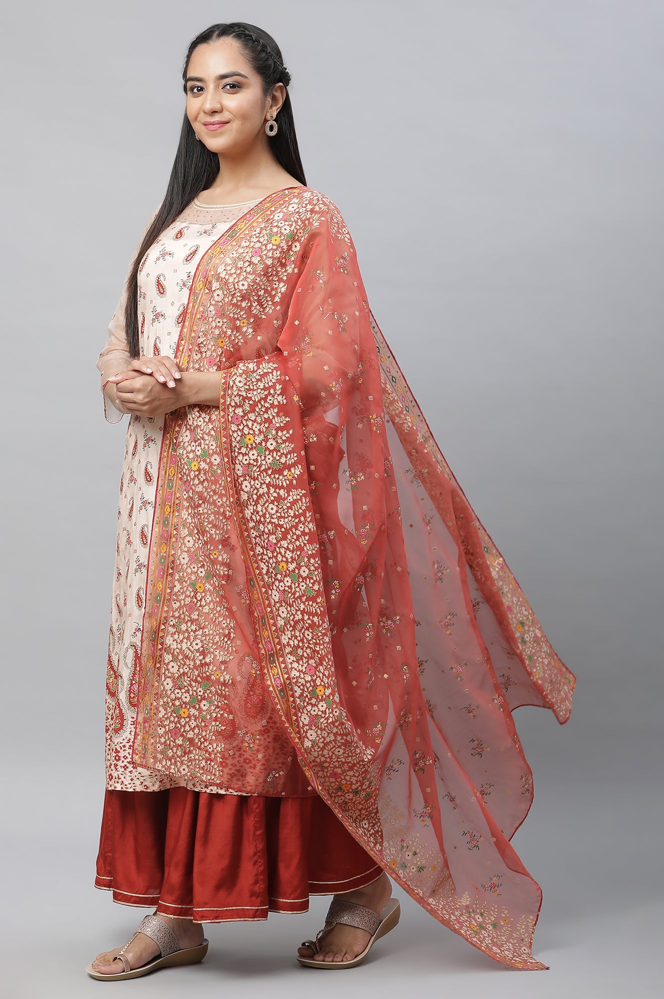 Orange Printed Organza Dupatta